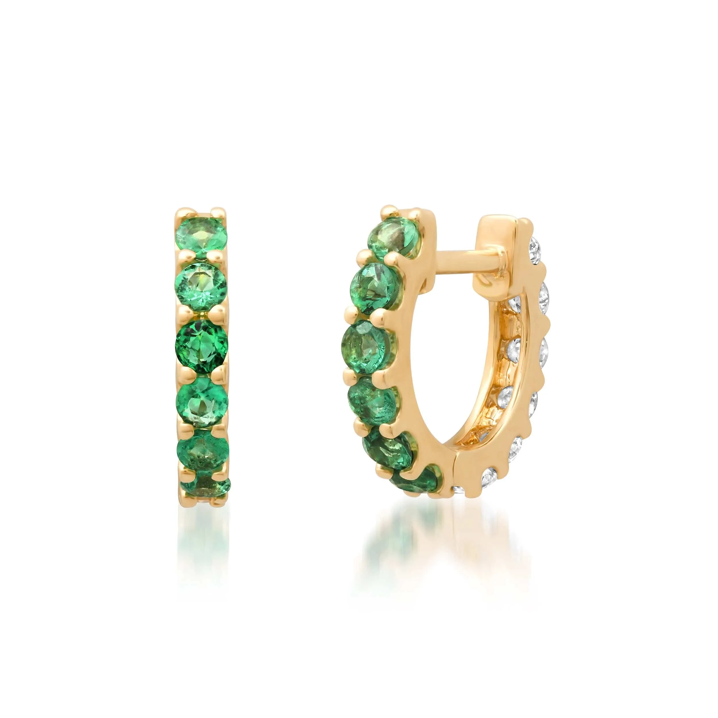 14K Gold Half & Half Emerald & Diamond Huggie Hoops Earrings