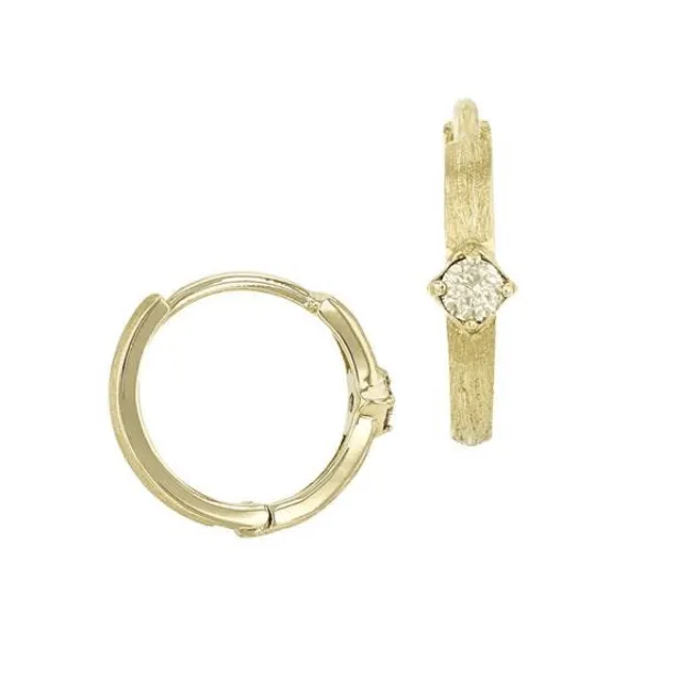 14K Gold Single Diamond Brushed Huggie Hoops Earrings