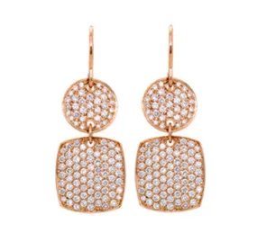 18K Pink Gold Diamond Pave Disk Drop Earrings