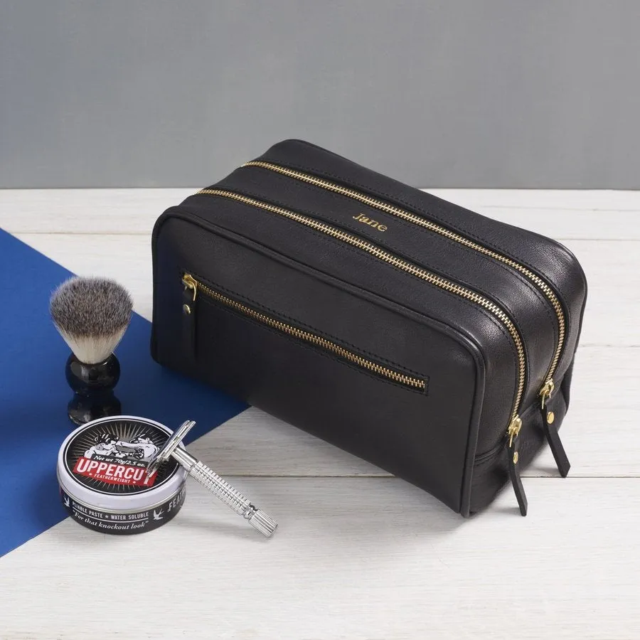 3 Zip Leather Wash Bag