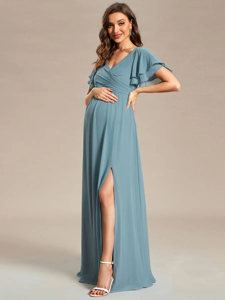 A-Line Ruffles Sleeve Front Slit Pleated Chiffon Maternity Dress