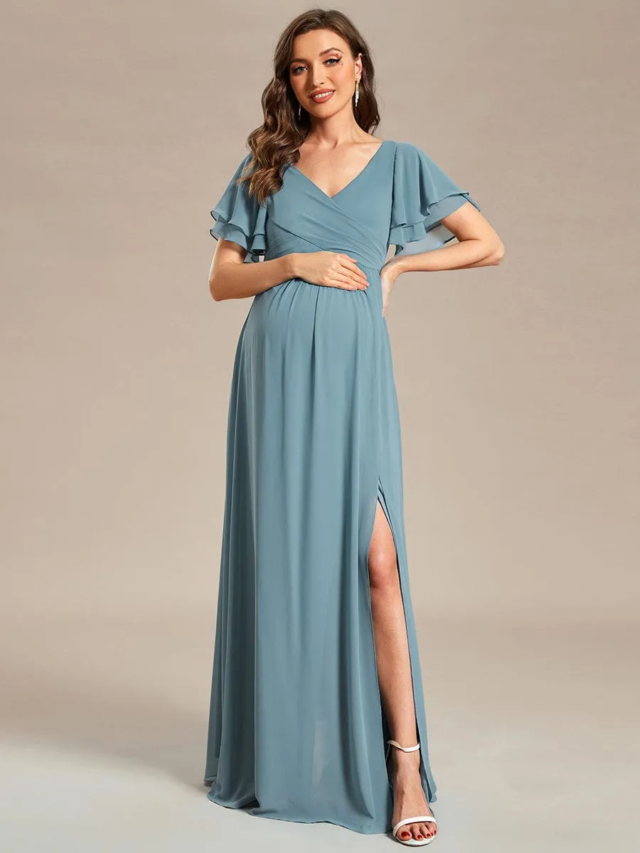 A-Line Ruffles Sleeve Front Slit Pleated Chiffon Maternity Dress