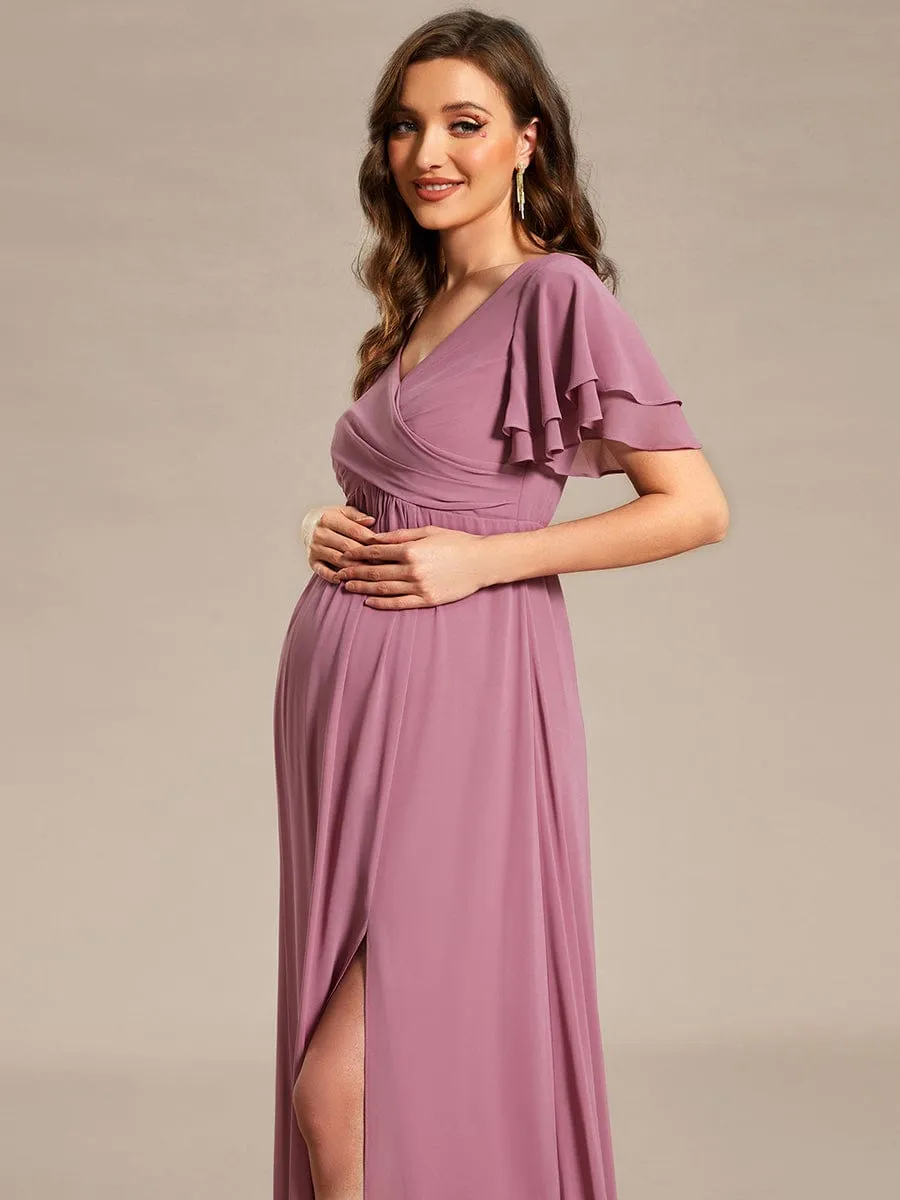 A-Line Ruffles Sleeve Front Slit Pleated Chiffon Maternity Dress