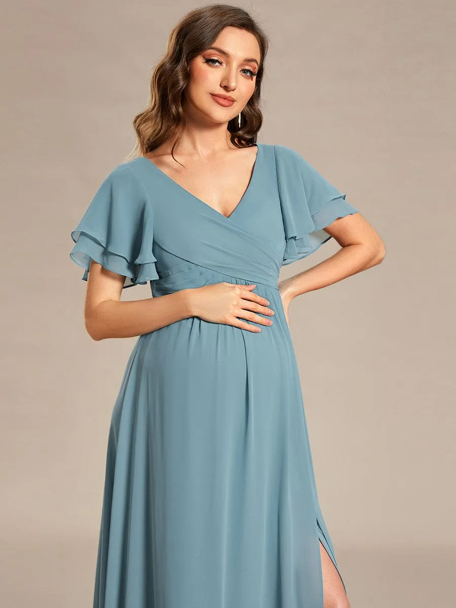 A-Line Ruffles Sleeve Front Slit Pleated Chiffon Maternity Dress