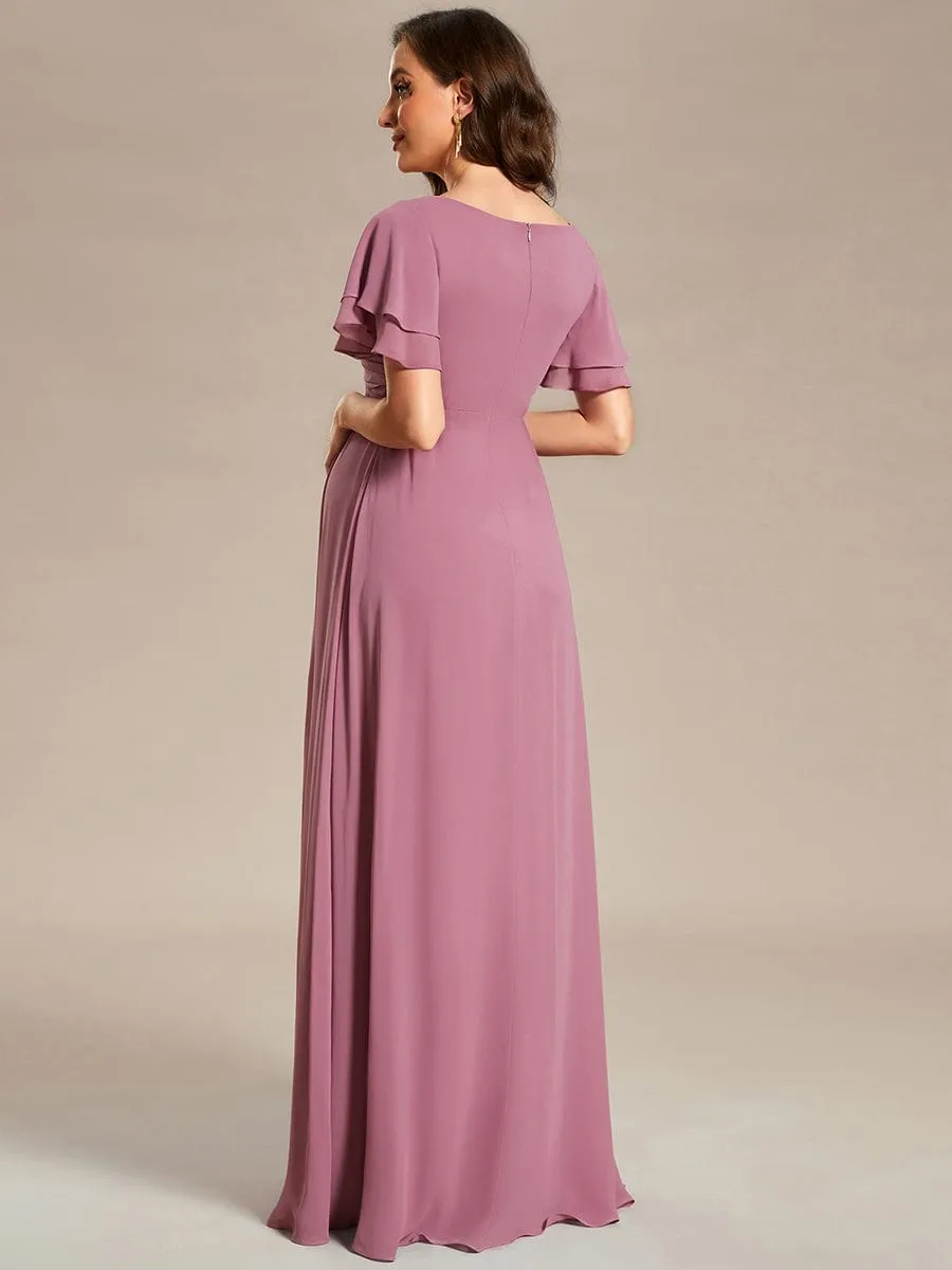 A-Line Ruffles Sleeve Front Slit Pleated Chiffon Maternity Dress