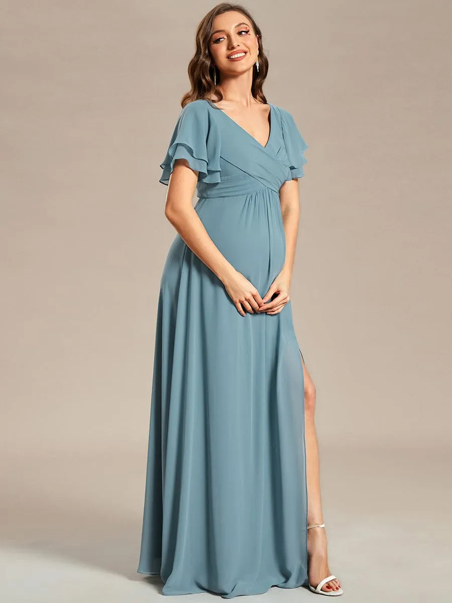 A-Line Ruffles Sleeve Front Slit Pleated Chiffon Maternity Dress