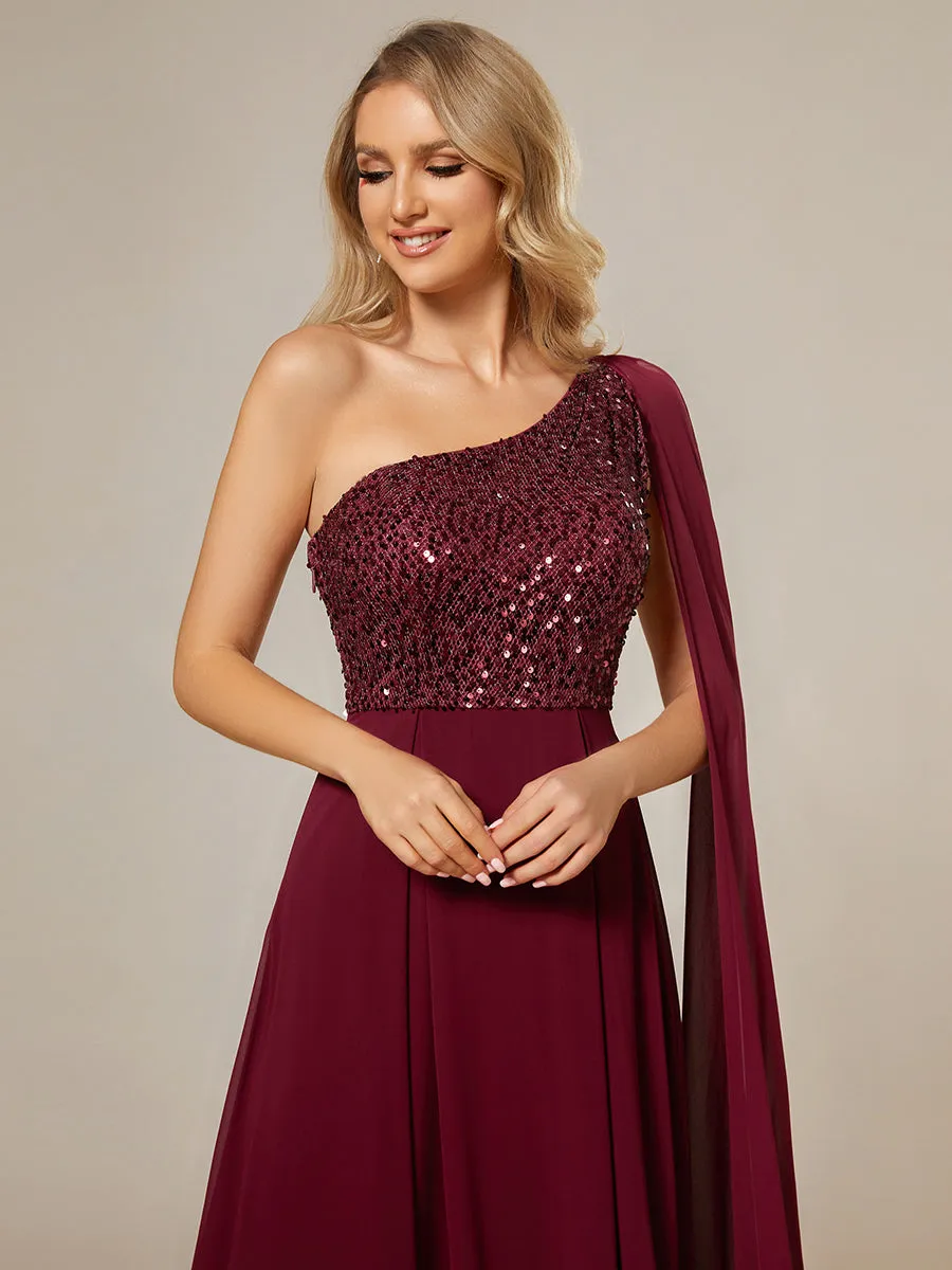 A-Line Shiny Sequin Chiffon Bodice One Shoulder Sleeveless Evening Dresses