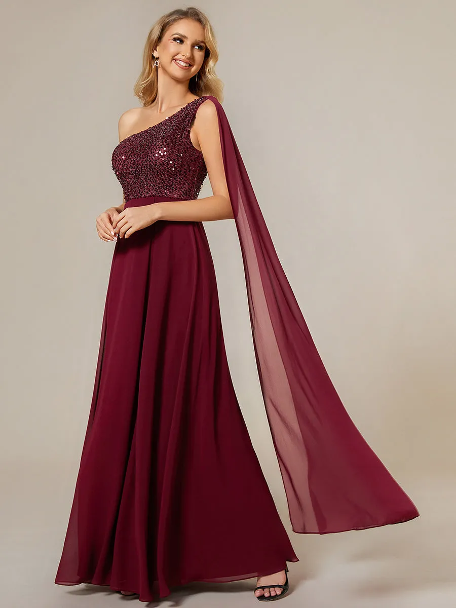 A-Line Shiny Sequin Chiffon Bodice One Shoulder Sleeveless Evening Dresses