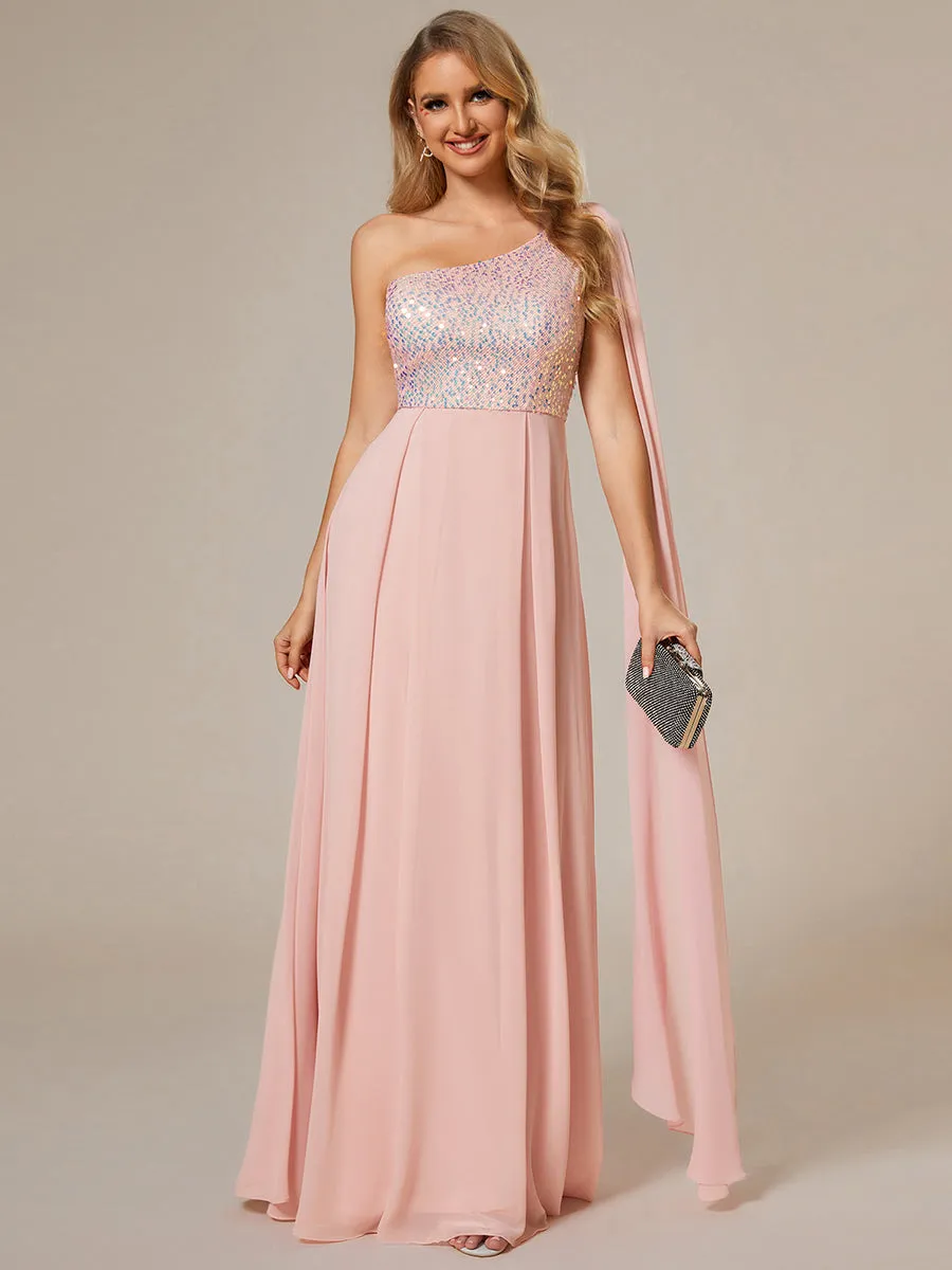 A-Line Shiny Sequin Chiffon Bodice One Shoulder Sleeveless Evening Dresses