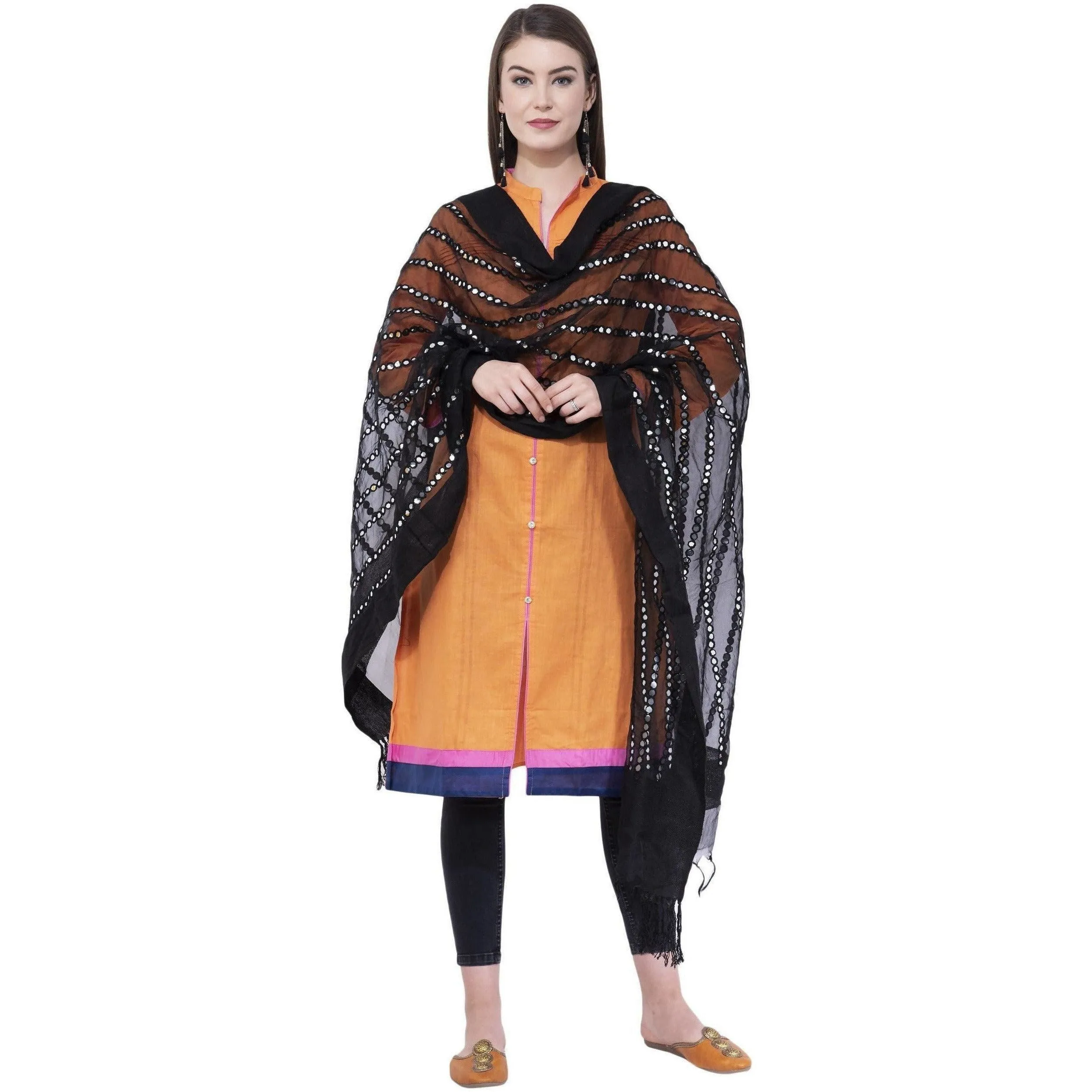 A R Silk Women's Mirror Work Orgenza Cotton Black Dupattas and Chunnis