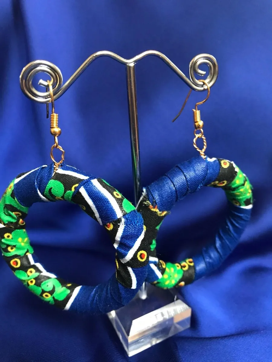 African Hoops in Blue Ankara Print - Up cycled Zero Waste Earrings