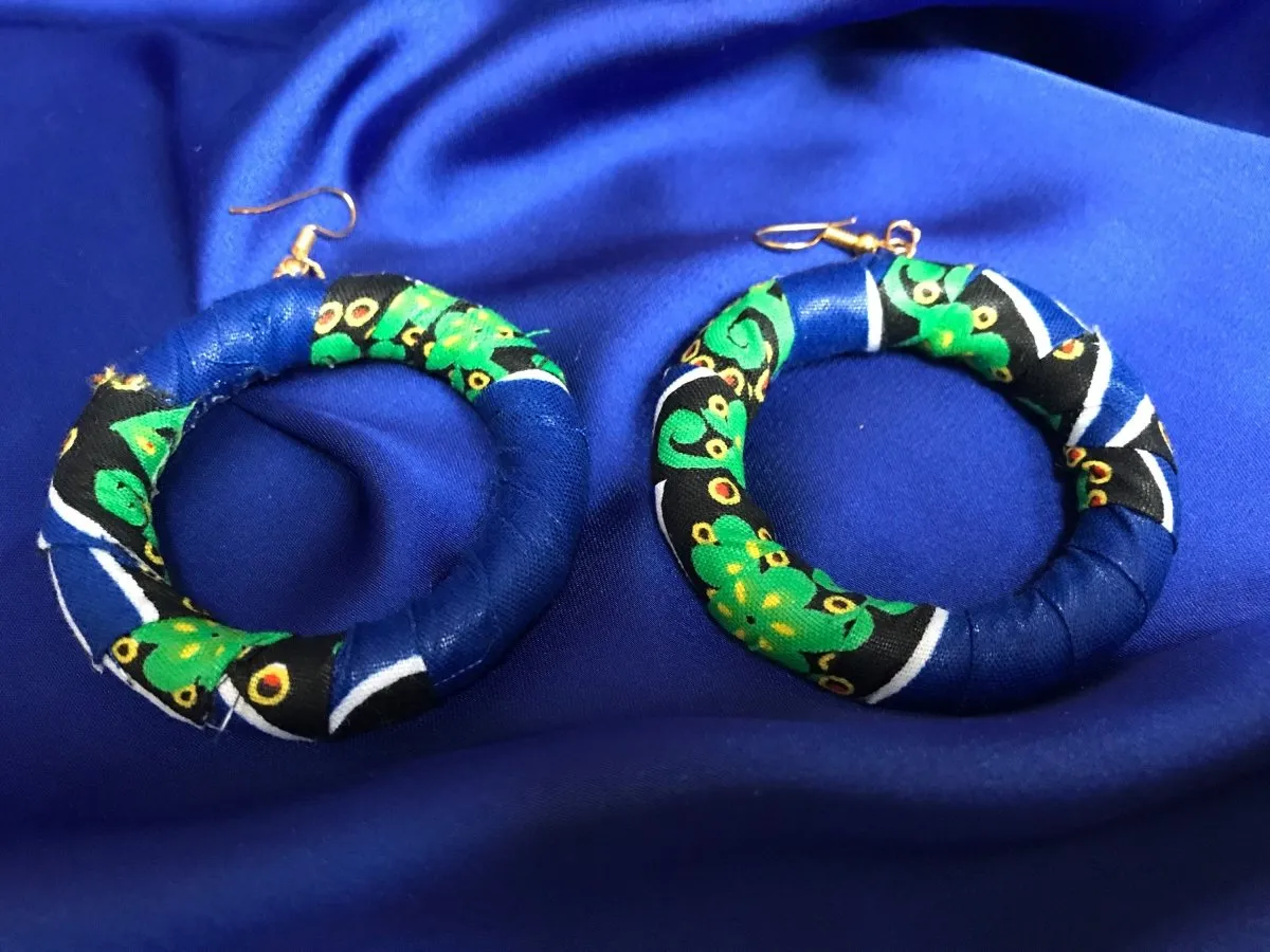 African Hoops in Blue Ankara Print - Up cycled Zero Waste Earrings