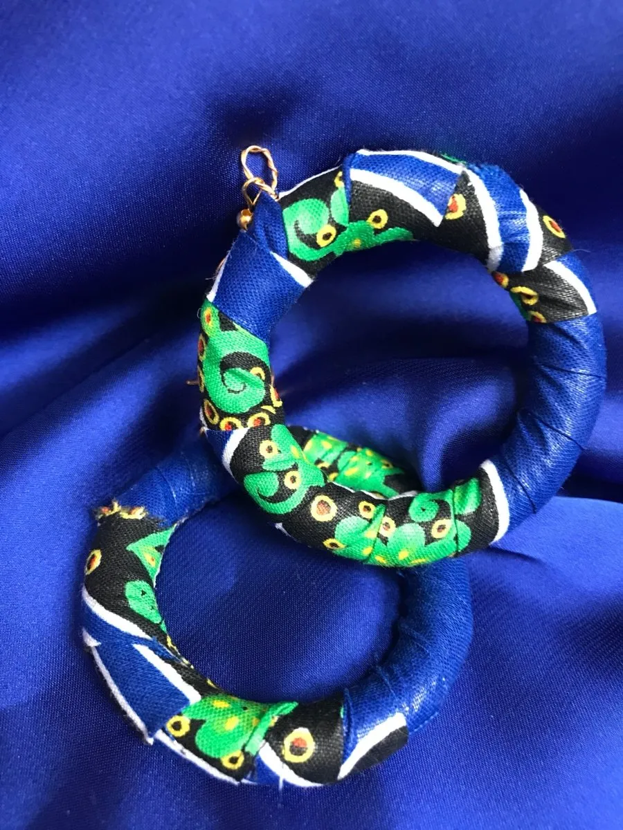 African Hoops in Blue Ankara Print - Up cycled Zero Waste Earrings