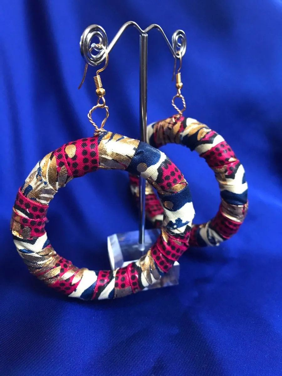 African Hoops in Gold Red Ankara Print - Up cycled Zero Waste Earrings