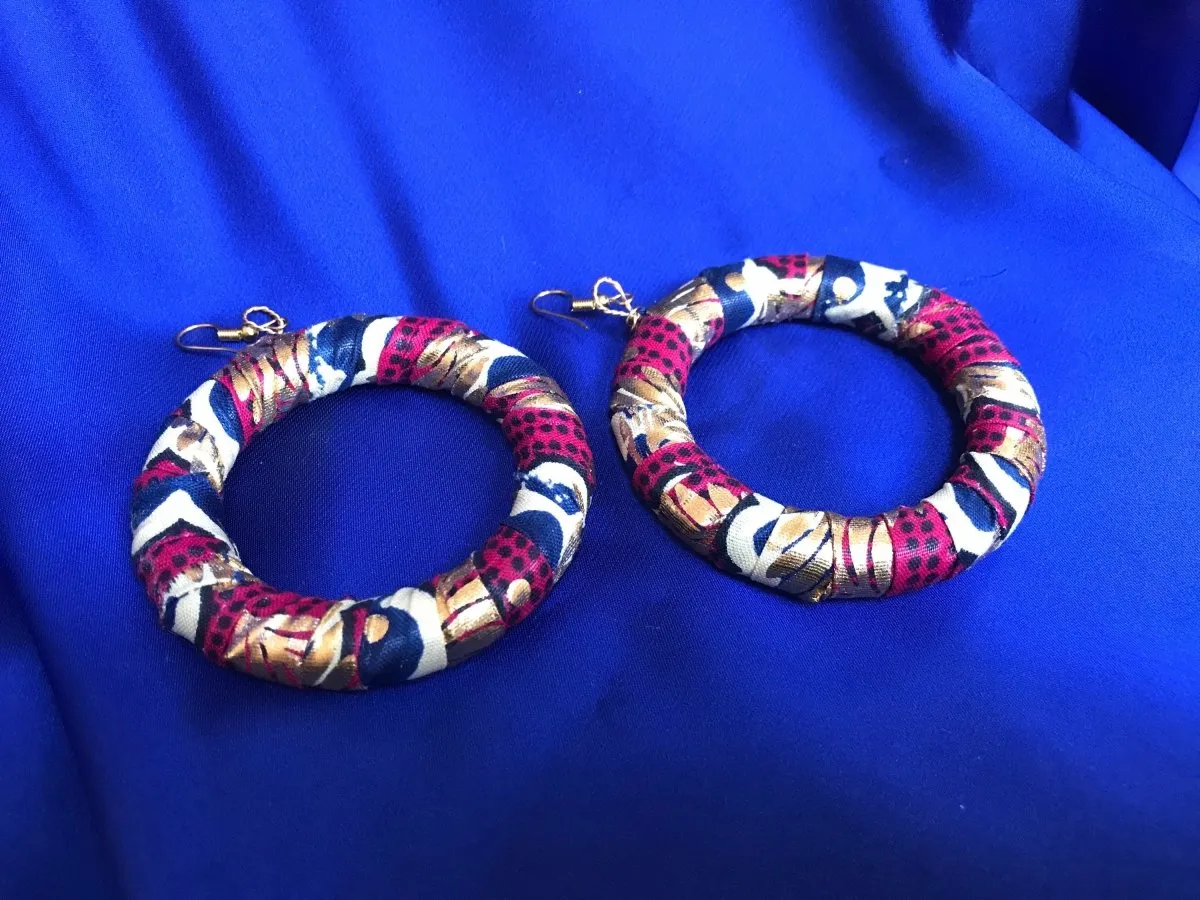 African Hoops in Gold Red Ankara Print - Up cycled Zero Waste Earrings