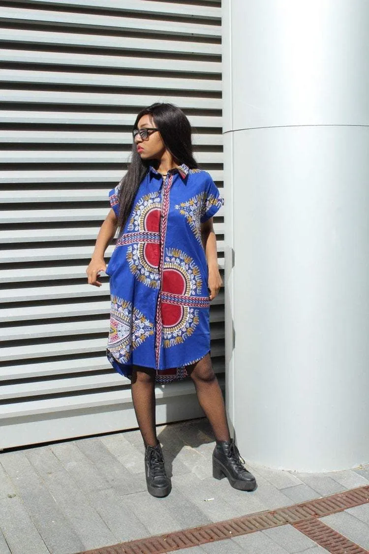 African Shirt Dress in Blue Dashiki Print - Festival Dress