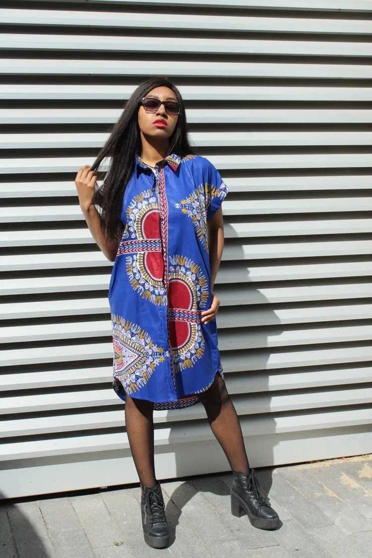 African Shirt Dress in Blue Dashiki Print - Festival Dress