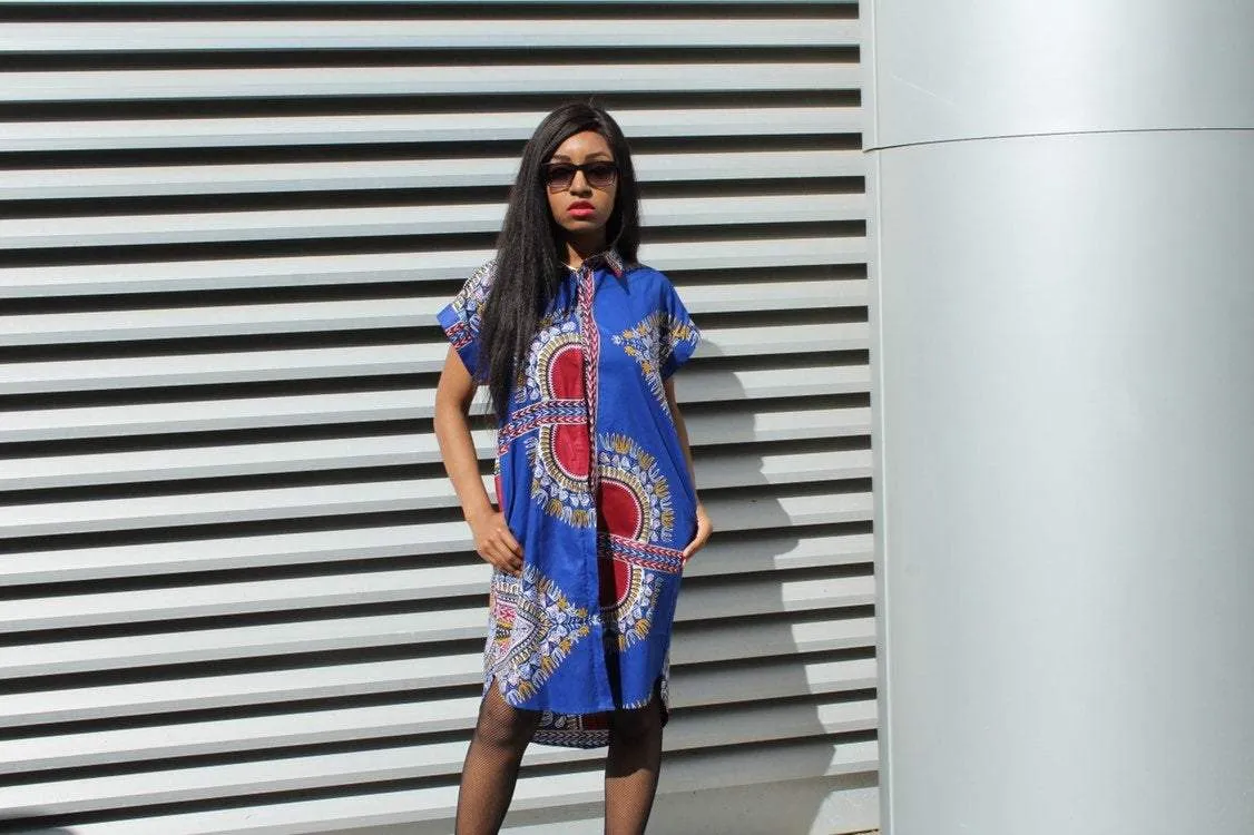 African Shirt Dress in Blue Dashiki Print - Festival Dress