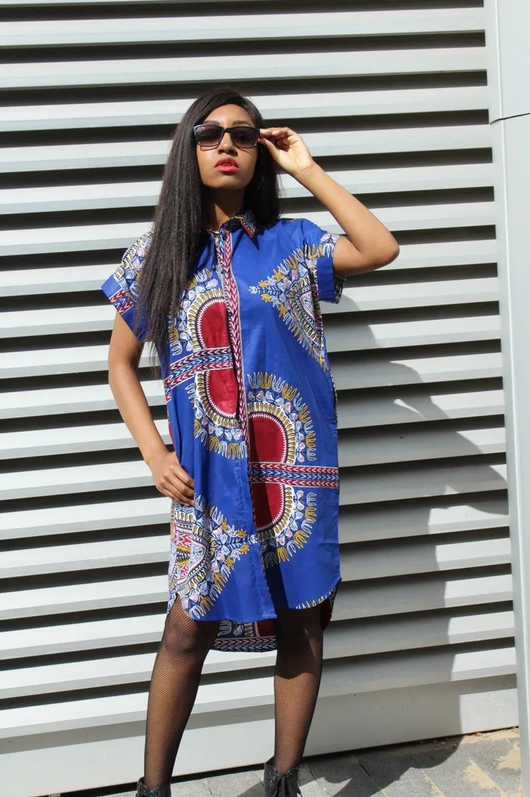 African Shirt Dress in Blue Dashiki Print - Festival Dress