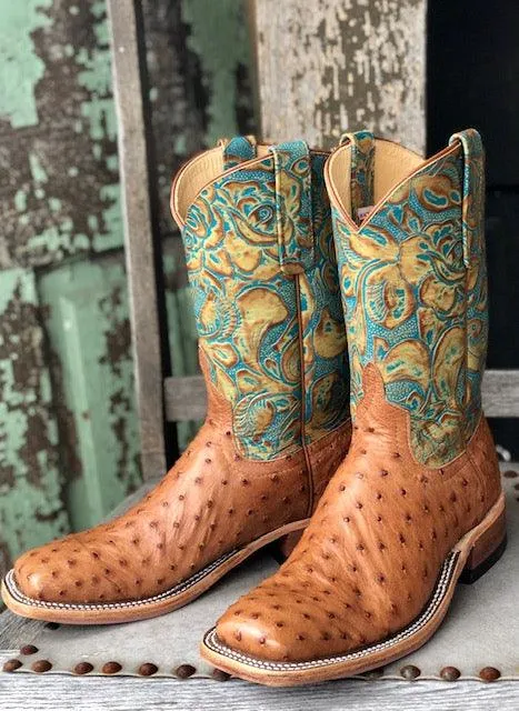 Anderson Bean Women's Cognac Mad Dog Ostrich & Teal Havanna Square Toe Cowgirl Boots 321804