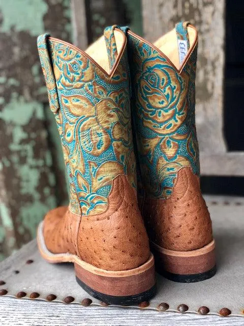 Anderson Bean Women's Cognac Mad Dog Ostrich & Teal Havanna Square Toe Cowgirl Boots 321804