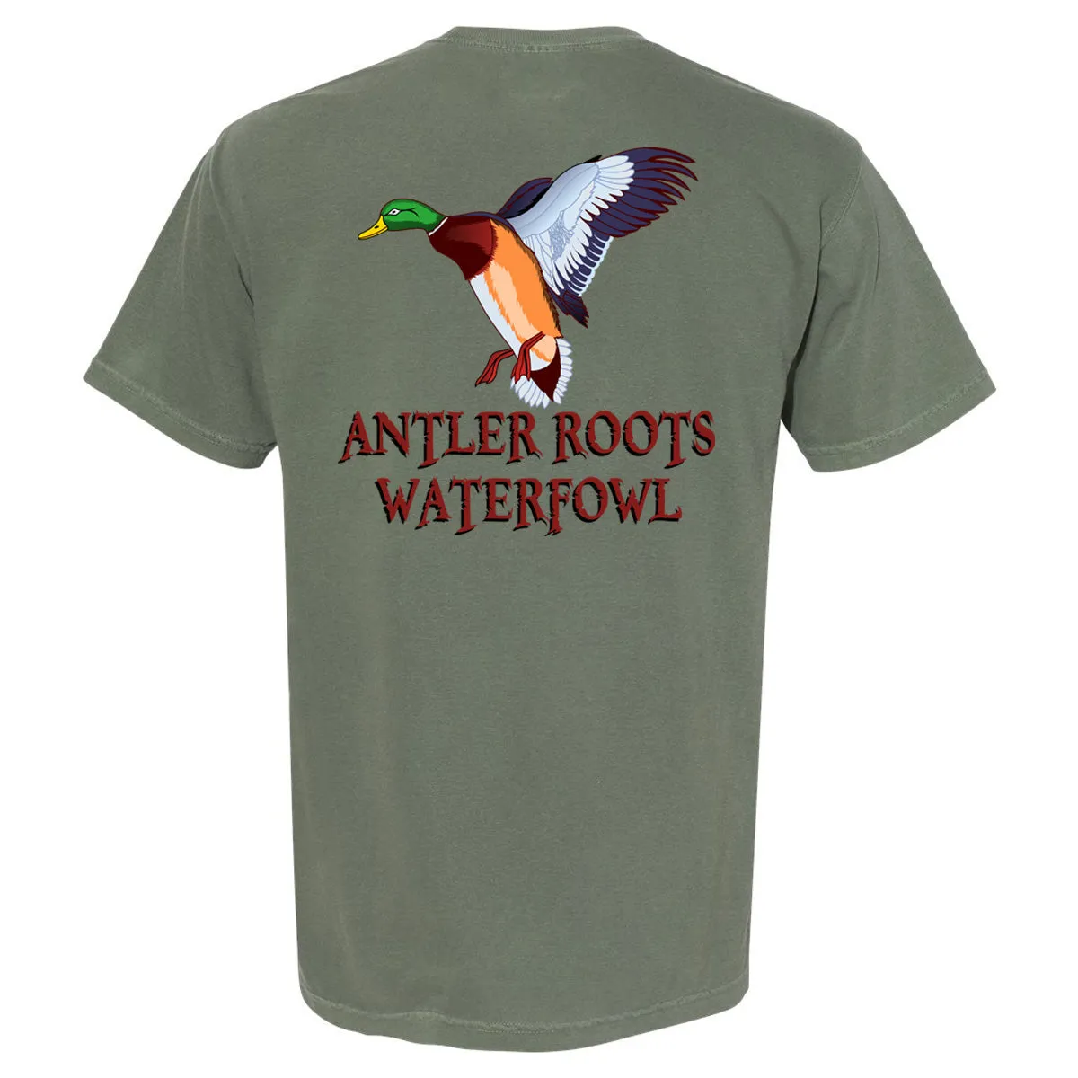 Antler Roots - Flying Duck Antler Roots Fowl - Comfort Color - Moss Short Sleeves Pocket Tee