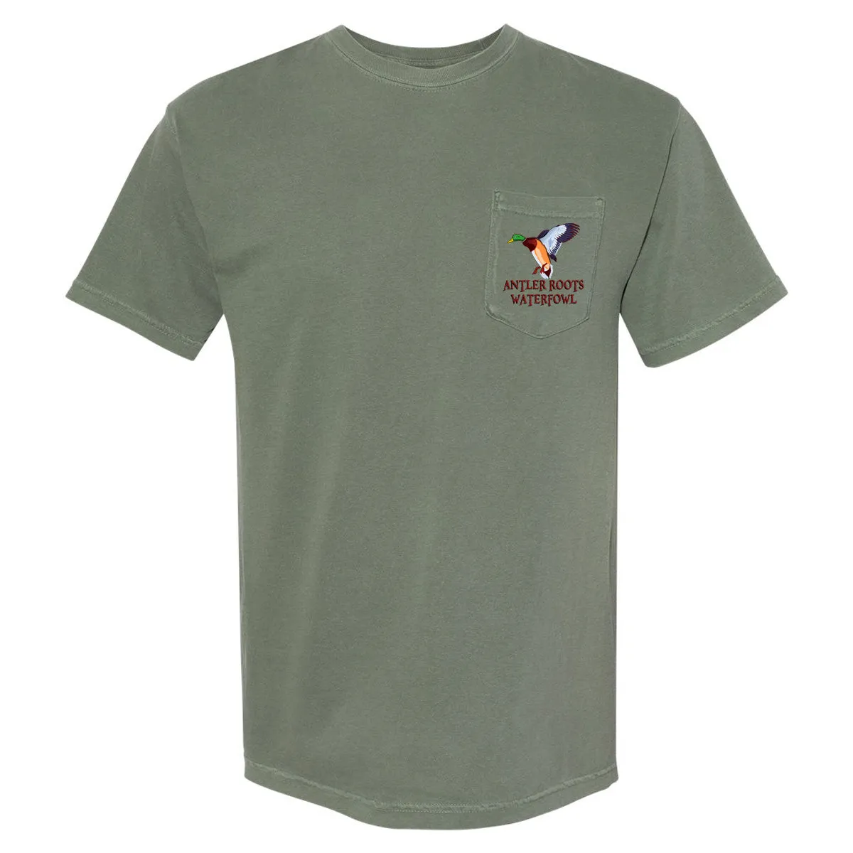 Antler Roots - Flying Duck Antler Roots Fowl - Comfort Color - Moss Short Sleeves Pocket Tee