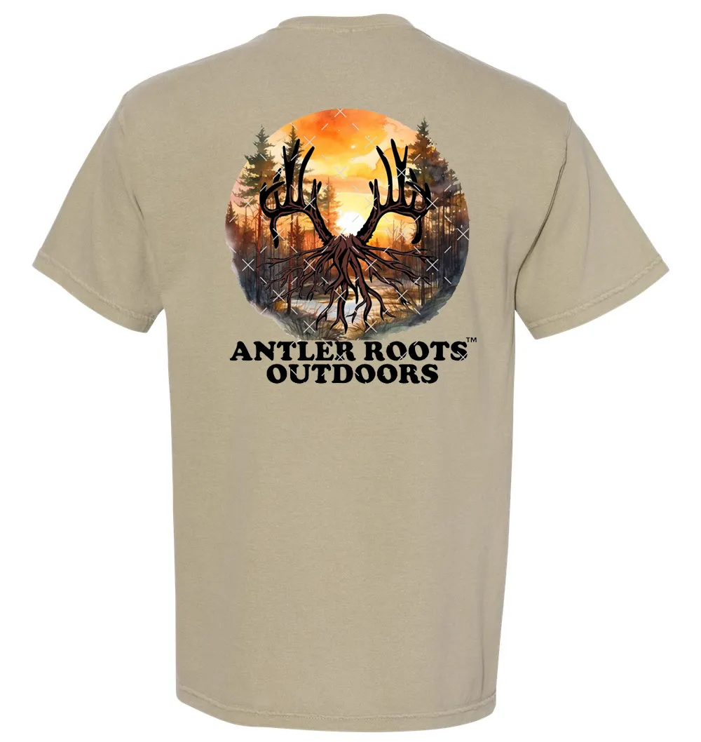 Antler Roots - Original Logo with Sunset - Comfort Color - Khaki Short/Long Sleeves