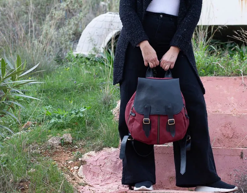 Artemis backpack - Burgundy canvas and Black leather