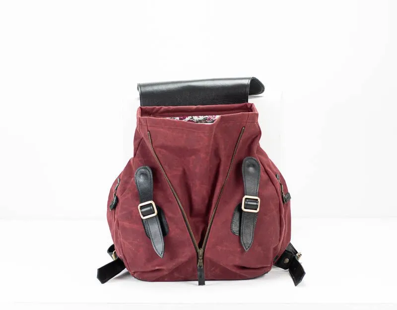 Artemis backpack - Burgundy canvas and Black leather