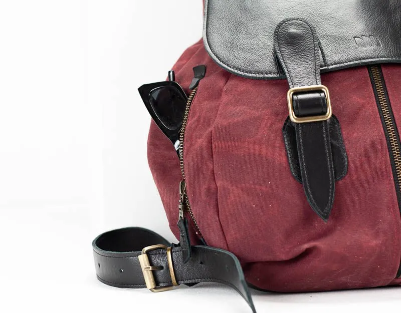 Artemis backpack - Burgundy canvas and Black leather