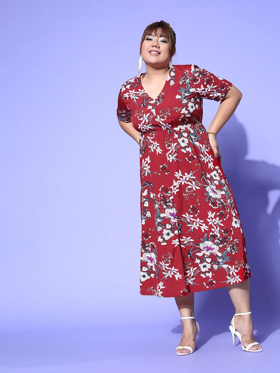 Berrylush Curve Plus Size Maroon Floral Printed A-Line Maxi Dress