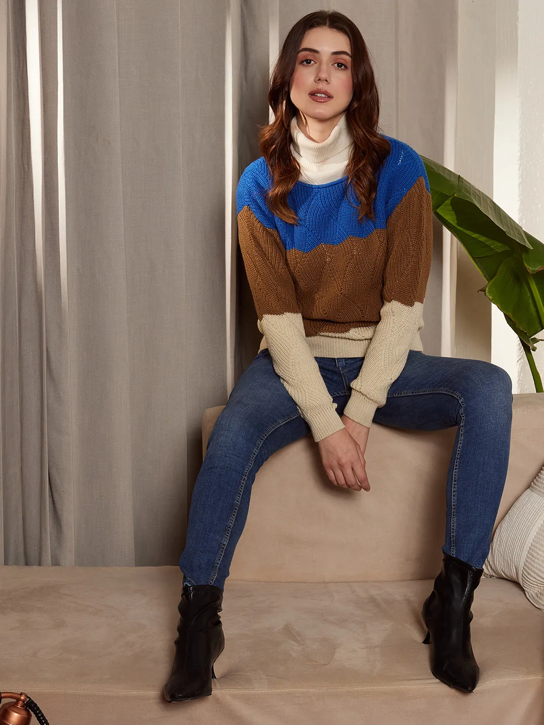 Berrylush Women Blue, Brown, & Beige Colourblocked Pattern Boat Neck Drop-Shoulder Sleeves Ribbed Hem Regular Sweater