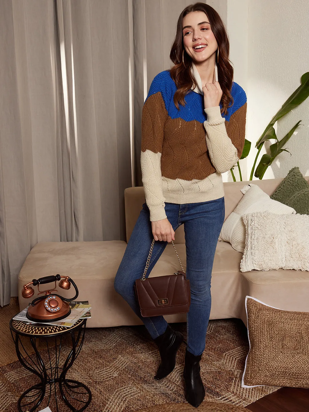 Berrylush Women Blue, Brown, & Beige Colourblocked Pattern Boat Neck Drop-Shoulder Sleeves Ribbed Hem Regular Sweater