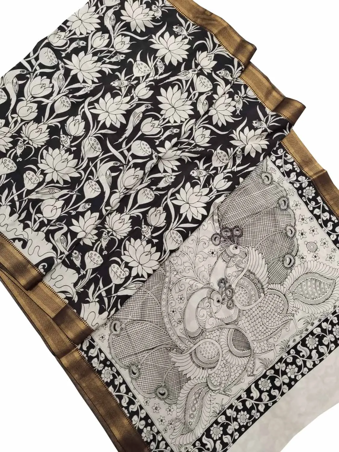 Black And White Kalamkari Hand Painted Pure Bangalore Silk Saree