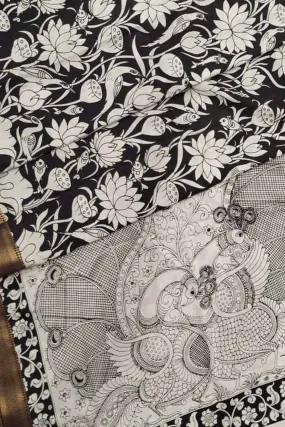 Black And White Kalamkari Hand Painted Pure Bangalore Silk Saree