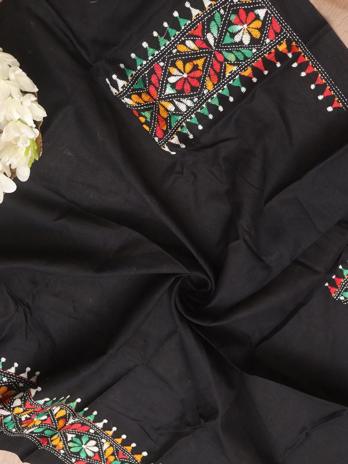 Black Embroidered Kantha Cotton Blouse Piece Fabric ( 1 Mtr )