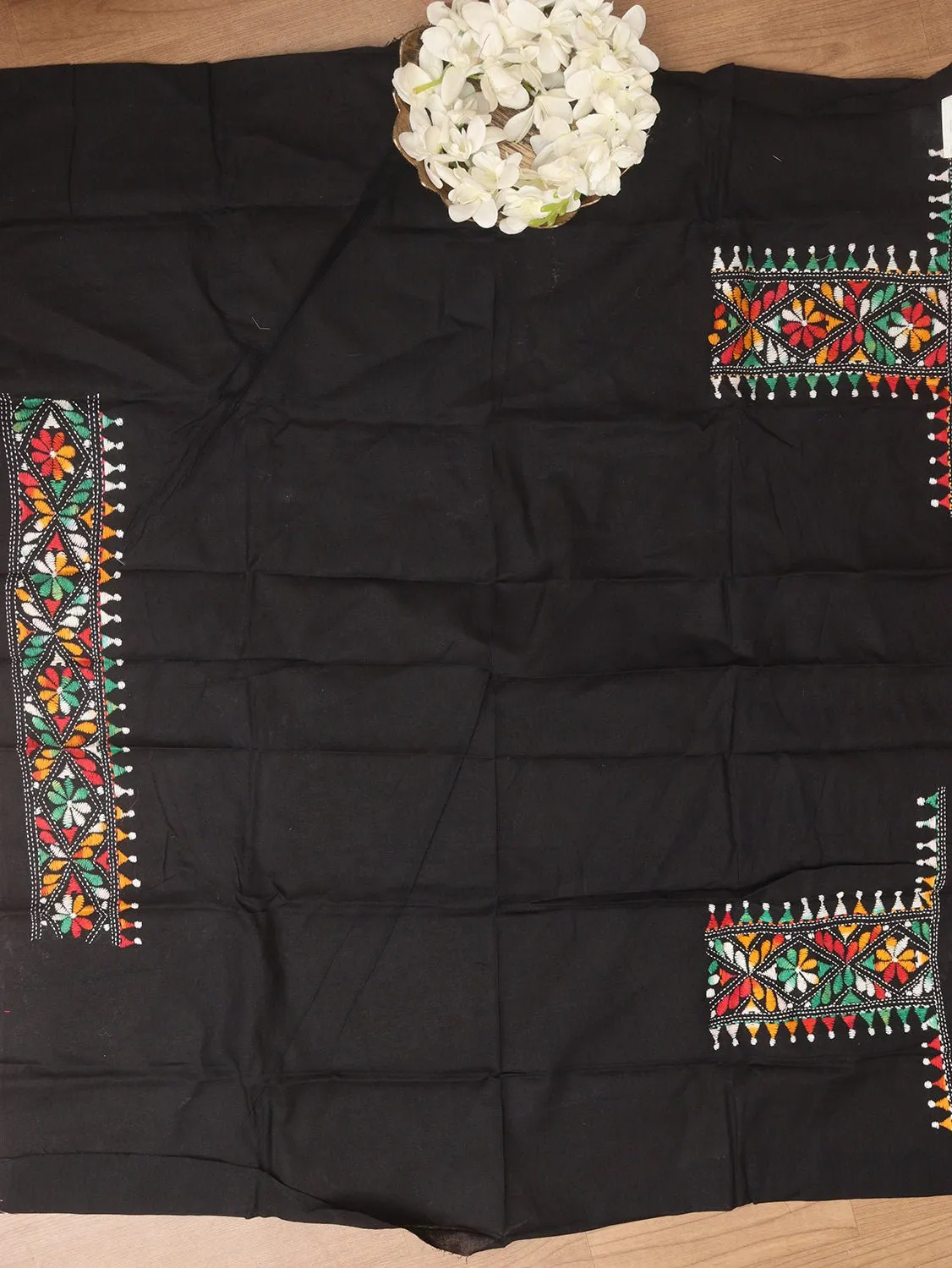 Black Embroidered Kantha Cotton Blouse Piece Fabric ( 1 Mtr )