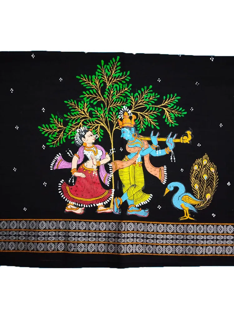 Black Hand Painted Pattachitra Pure Cotton Blouse Piece Fabric ( 1 Mtr )