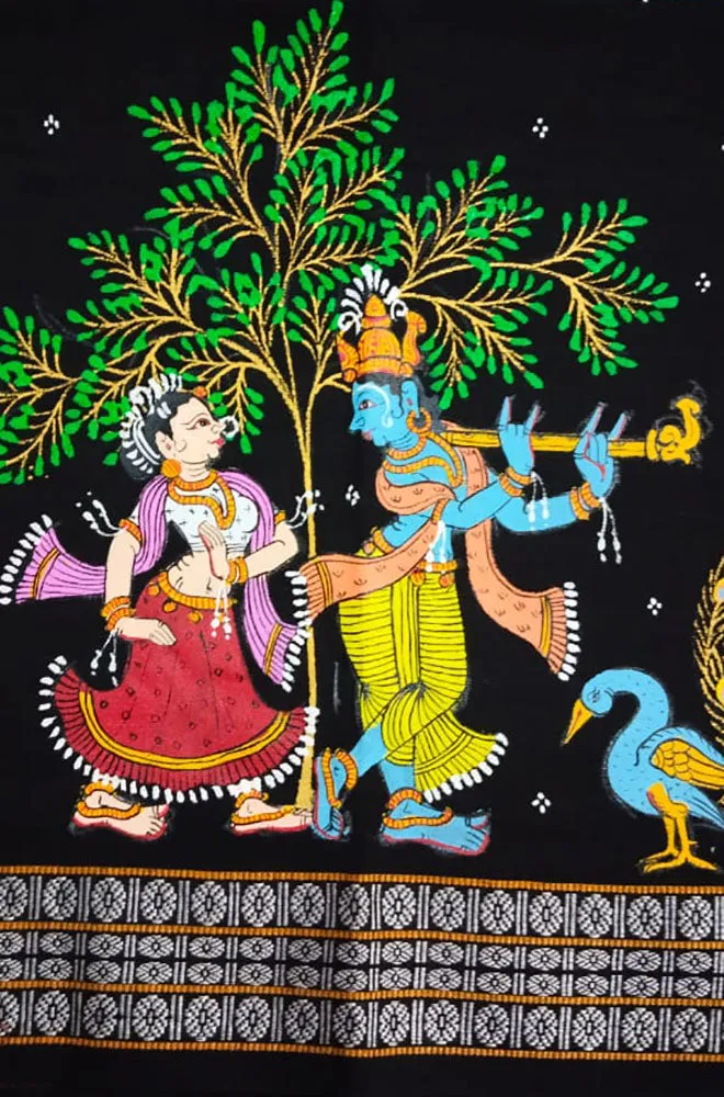 Black Hand Painted Pattachitra Pure Cotton Blouse Piece Fabric ( 1 Mtr )