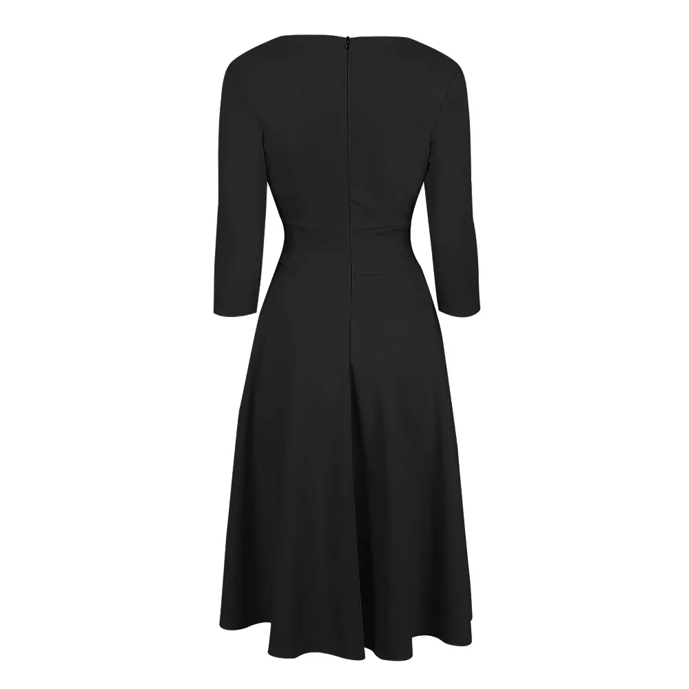 Black Vintage A Line Crossover 3/4 Sleeve Tea Swing Dress