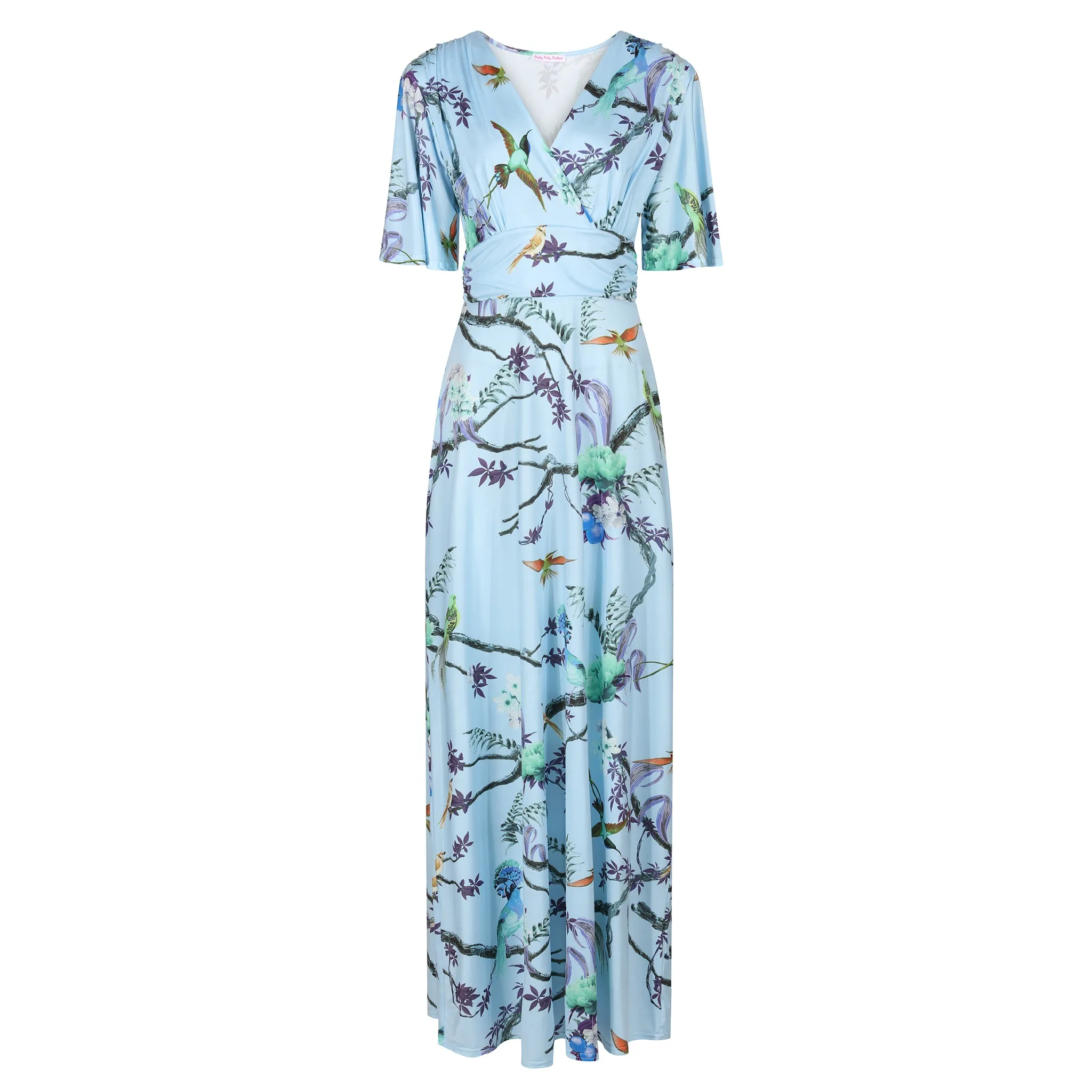 Blue Floral Print Waterfall Sleeve Maxi Dress