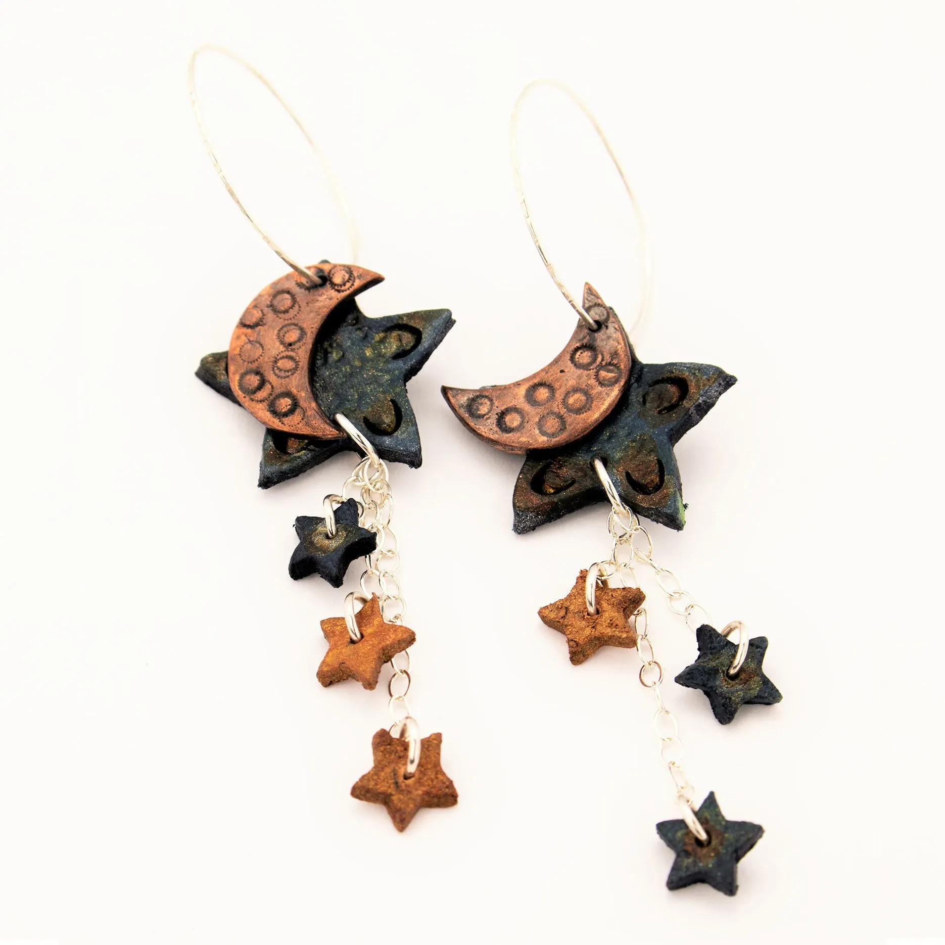 Blue Leather Star with Copper Moon and Mini Stars Strung from Sterling Silver Earrings