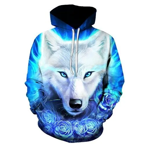 Blue rose Wolf Hoodies Men 3D Sweatshirts Harajuku Hoody Quality Pullover Streatwear Tracksuits hip hop tops