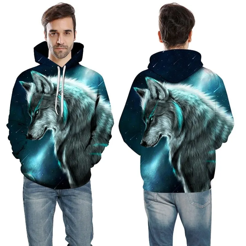 Blue rose Wolf Hoodies Men 3D Sweatshirts Harajuku Hoody Quality Pullover Streatwear Tracksuits hip hop tops