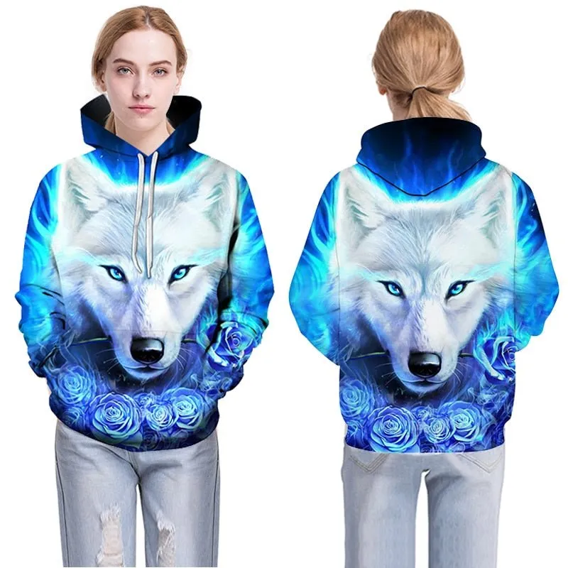 Blue rose Wolf Hoodies Men 3D Sweatshirts Harajuku Hoody Quality Pullover Streatwear Tracksuits hip hop tops