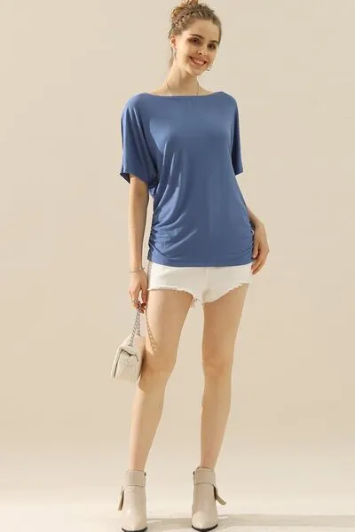 Boat Neck Short Sleeve Ruched Side Top