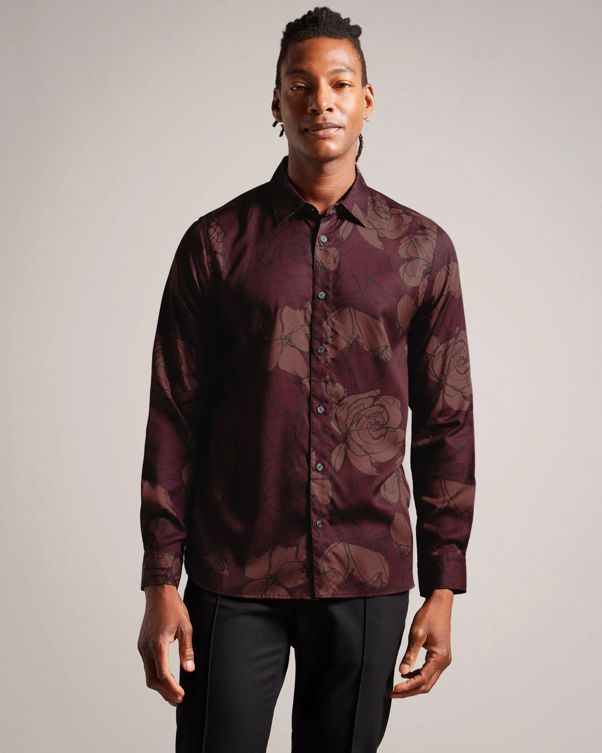 Bobbio Long Sleeve Sketchy Floral Print Shirt Maroon