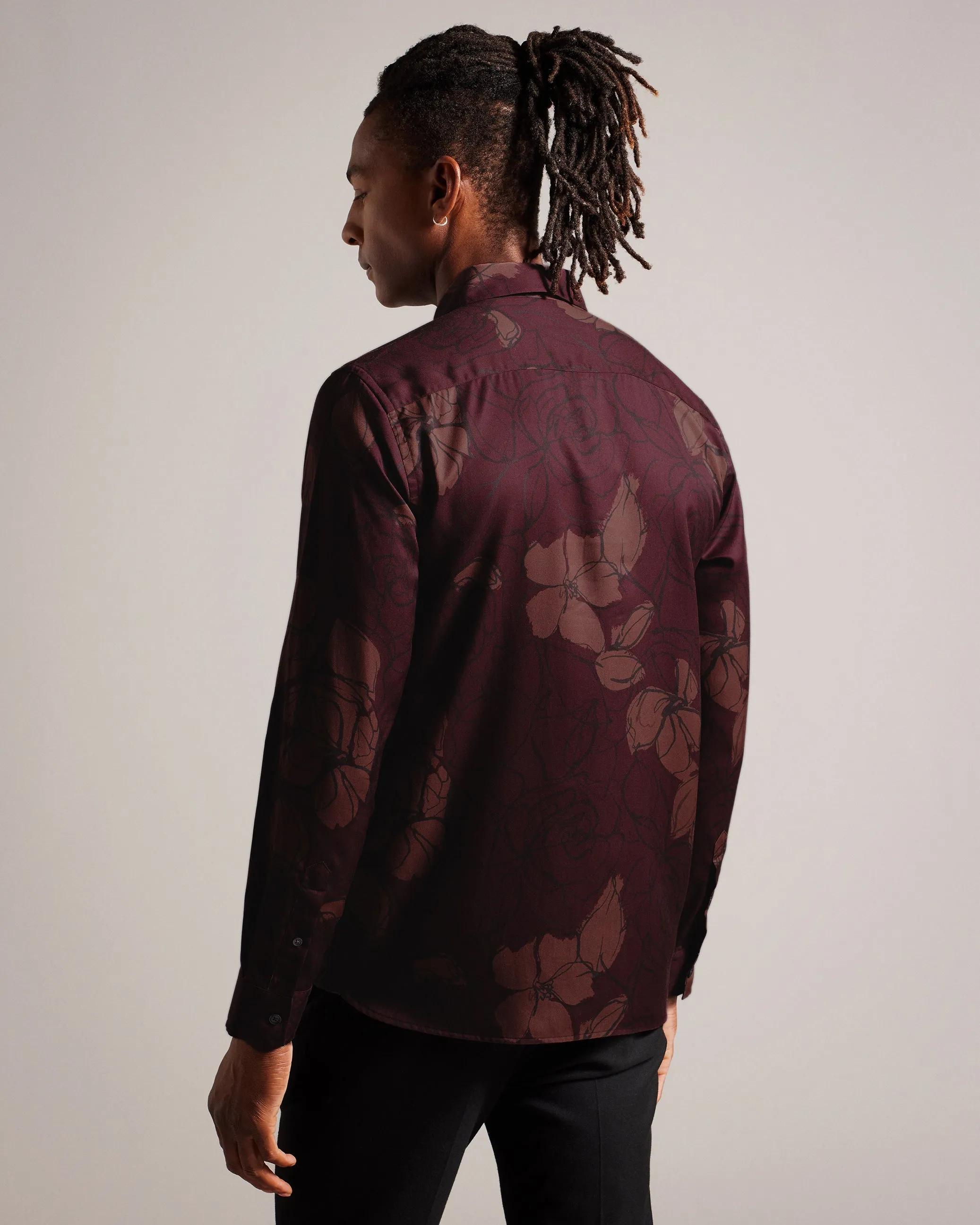 Bobbio Long Sleeve Sketchy Floral Print Shirt Maroon