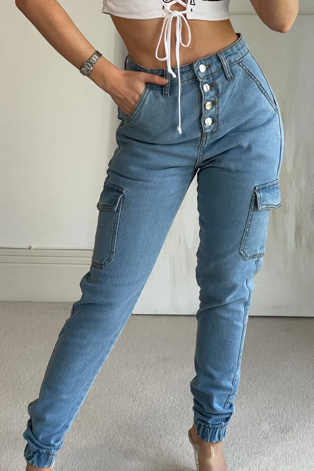 Brittany Blue Button Up Cargo Denim Jeans